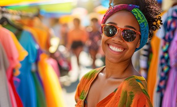 Woman smiling while shopping for clothes outside